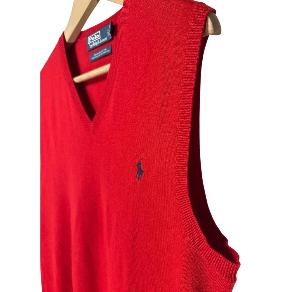 VTG Polo Ralph Lauren Red Pima Cotton Blue Pony V-Neck Sweater Vest Medium‎ EUC